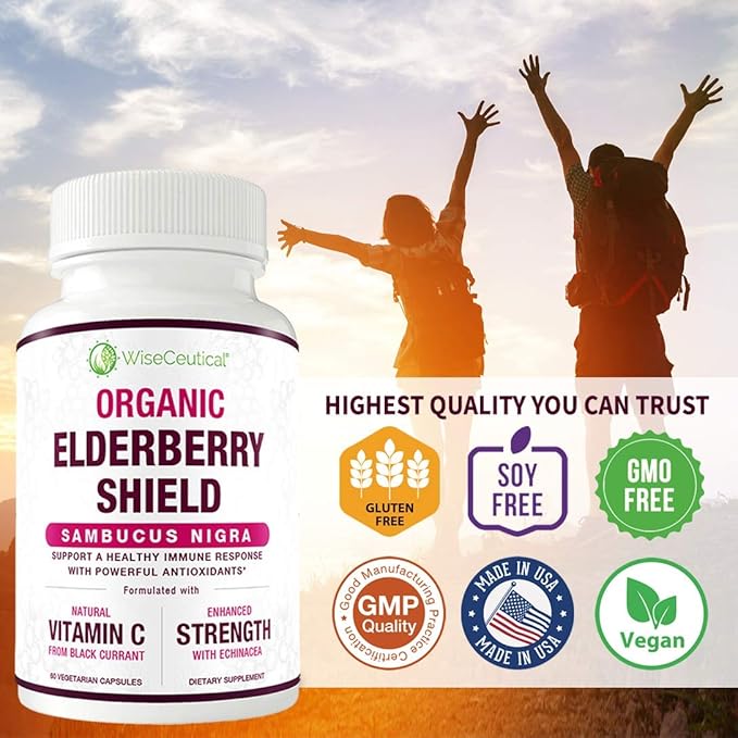 Max Strength USDA Organic Black Elderberry, Black Currant Extract & Echinacea | 3 in 1 Natural Immune Support & Vitamin C | Sugar-Free, Vegan-Friendly | Homeopathic Remedy | 60 Count