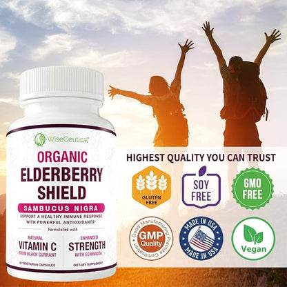 Max Strength USDA Organic Black Elderberry, Black Currant Extract & Echinacea | 3 in 1 Natural Immune Support & Vitamin C | Sugar-Free, Vegan-Friendly | Homeopathic Remedy | 60 Count