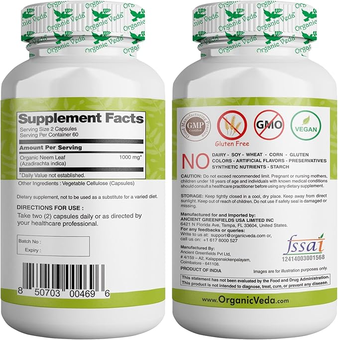 Organic Veda Neem Capsules, 1000mg - Organic Herbal Supplement Made with Ayurvedic India Neem Leaf Powder - Supports Radiant Skin, Immune, Detox, Healthy Inflammatory Response - 120 Veggie Capsules