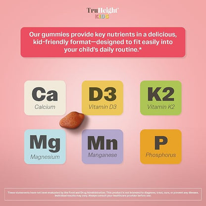 TruHeight Kids Bone Growth Gummies (Strawberry, Ages 2+) All Natural Kids & Toddler Vitamins - Vitamin D, Calcium, K2, Magnesium Multivitamin - Natural Growth & Development, Builds Strong Bones, Vegan