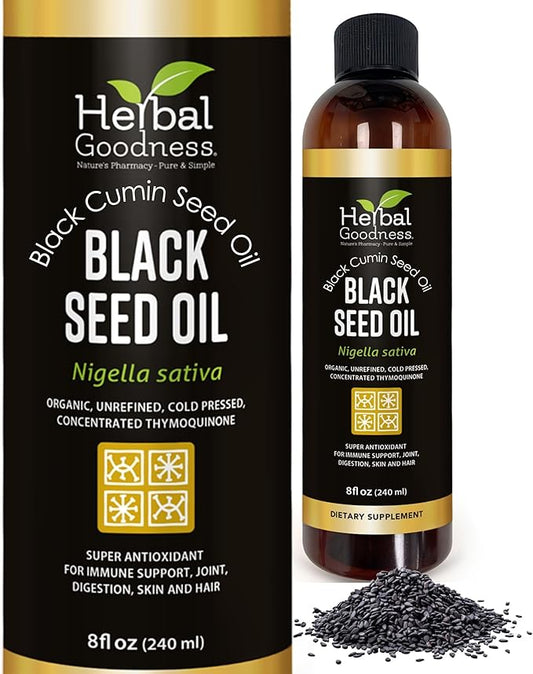 Black Seed Oil - Organic Cold Pressed Nigella Sativa, Black Cumin Seed Oil with Thymoquinone, Blackseed Liquid for Health, Hair Growth & Skincare 8 fl. oz | Herbal Goodness