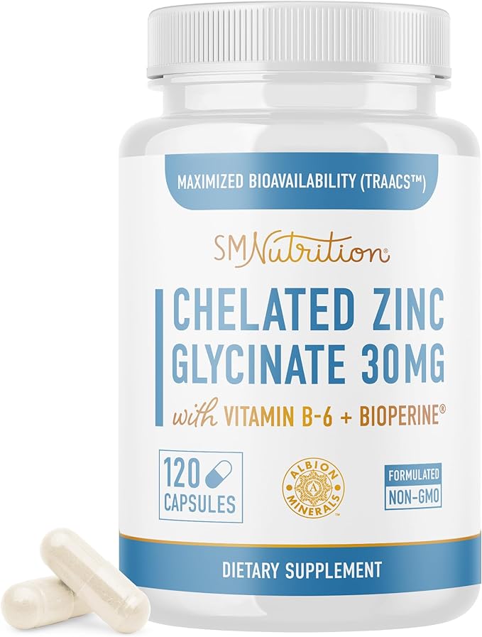 Chelated Zinc Supplements | Zinc Glycinate 30mg | Highly-Absorbable TRAACS Chelated Bisglycinate, Vitamin B6 and BioPerine | Immune Support, Acne & Energy | Non-GMO, Gluten-Free | 120 Capsules