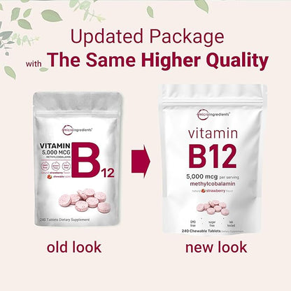 Micro Ingredients Vitamin B12 5000mcg | Methyl B12 Active Form – 240 Chewable Tablets | Fast Dissolve, Natural Strawberry Flavor, Support Energy, Metabolism Health | Vegan, Non-GMO, & No Glute