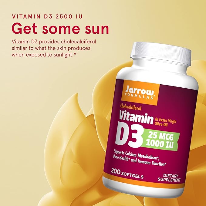 Jarrow Formulas® Vitamin D3 25 mcg, Dietary Supplement, Bone and Joint, Support for Immune Health and Calcium Metabolism, 200 Softgels, 200 Day Supply