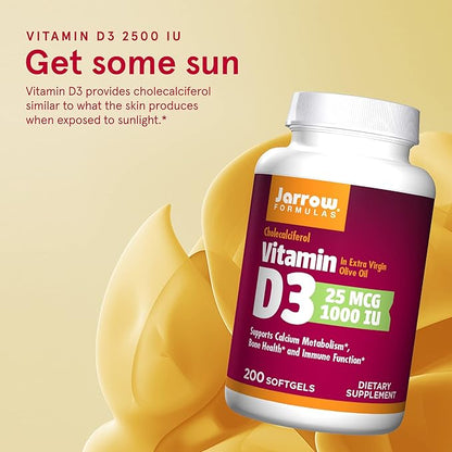 Jarrow Formulas® Vitamin D3 25 mcg, Dietary Supplement, Bone and Joint, Support for Immune Health and Calcium Metabolism, 200 Softgels, 200 Day Supply