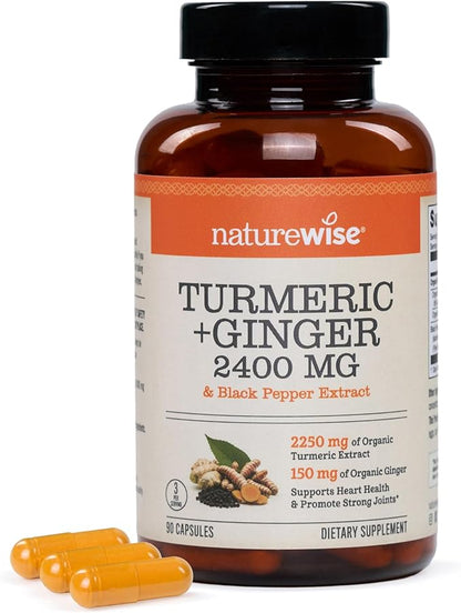 NatureWise Turmeric Curcumin + Ginger 2400 mg - Turmeric Extract with 95% Curcuminoids, Extra Strength Supplement, Enhanced Absorption - Vegan, Gluten-Free - 90 Count[30-Day Supply]