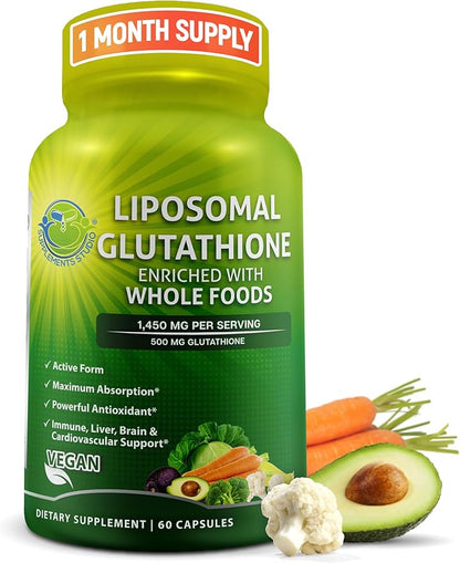 Liposomal Glutathione 500mg - Active Form L Glutathione (Reduced) for Maximum Absorption - Made with Organic Whole Foods - Master Antioxidant & Detoxifier - Immune & Cardiovascular Support - 60 count
