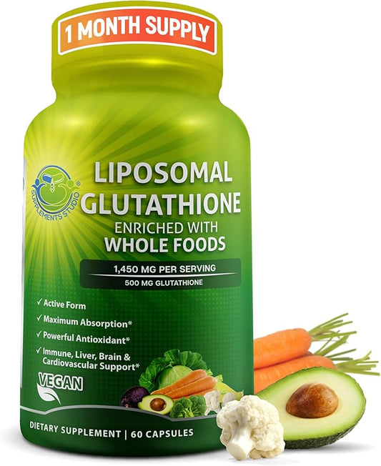 Liposomal Glutathione 500mg - Active Form L Glutathione (Reduced) for Maximum Absorption - Made with Organic Whole Foods - Master Antioxidant & Detoxifier - Immune & Cardiovascular Support - 60 count