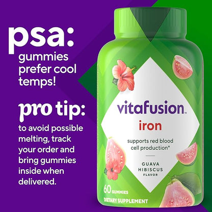 Vitafusion Iron Gummy Vitamin Supplement, Supports Red Blood Cell Production*, Guava Hibiscus Flavor, 30 Servings, 60 Count