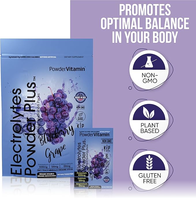 Electrolytes Powder Plus, Keto, Blueberry Grape, Zero Sugar, 1000mg Potassium, 120mg Calcium, 120mg Magnesium, Non-GMO, Zero Calories, 30 Hydration Packets