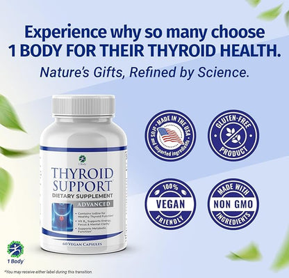 1 Body Thyroid Support Supplement with Iodine, B12, Zinc, Selenium, Ashwagandha, Non-GMO, Vegetarian, 30 Day Supply