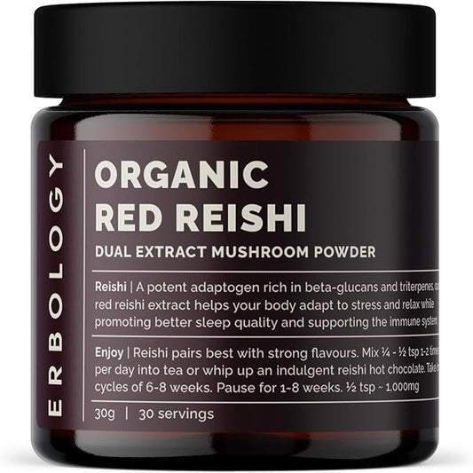 Erbology Organic Reishi Dual Extract Powder 30 Servings - 18% Beta-glucans - Immunity Support - Ganoderma Lucidum - Small Batch - Sustainably Grown in Europe - Vegan - Non-GMO - No Added Fillers