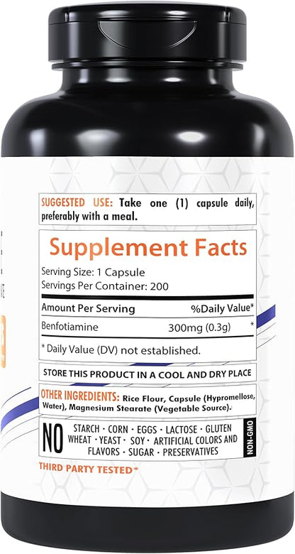 Benfotiamine 300mg | 200 Veg Capsules | Enhanced Absorption | Supports Overall Health | Increased Bioavailability