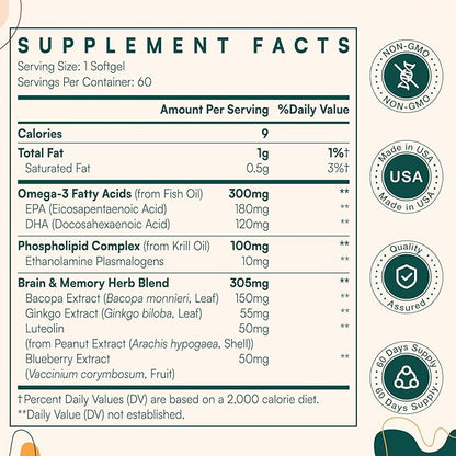 Memory Focus Supplement - Brain Support with Omega-3, Bacopa and Plasmalogens for Enhanced Cognitive Function - Concentration and Memory - Non-GMO, 60 Softgels