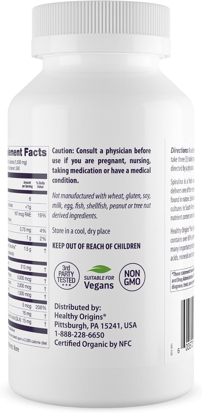 Healthy Origins Spirulina, 500 mg (Organic) - Organic Spirulina Tablet with Vitamin A & Vitamin B12 - Kosher Certified - Vegan, Non-GMO, and Gluten-Free Spirulina Pill - 720 Tablets