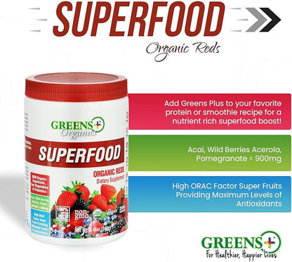 Greens+ Organic Reds Superfood Powder Camu Camu Dietary 400mg Vitamin C SuperFruit Supplement 120 Capsules, 100% Natural, Vitamins & Minerals, Vegan, Soy/Dairy/Gluten Free