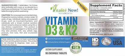 Best Vitamin D3 2000 IU + K2 - Optimized Absorption in Best Form MK7 for Lung Health, Strong Bones & Healthy Heart - All Natural - Cherry Flavor - 90 Chewable Tablets - 3 Month Supply!