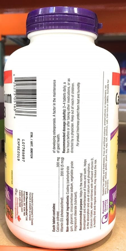 Webber Naturals Calcium Citrate Vitamin D3, 300mg / 200IU High Absorption, 350 Tablets