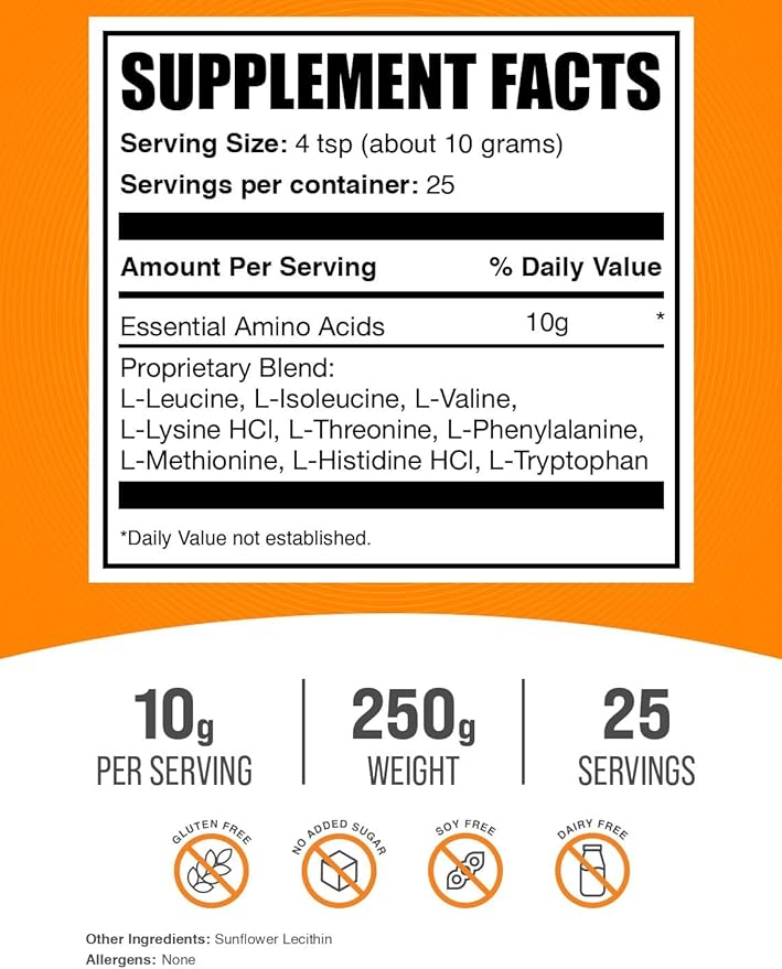 BulkSupplements.com Essential Amino Acids Powder - Essential Amino Acids Supplement, EAA Powder - Unflavored & Gluten Free, 10g per Serving, 250g (8.8 oz) (Pack of 1)