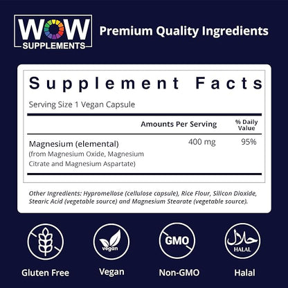 WOW Supplements Magnesium 400 mg Complex - Supplement for Men and Women - Citrate, Aspartate & Magnesium Oxide 400mg - 180 Capsules