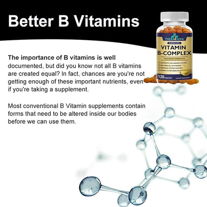 Vitamin B-Complex + CoQ10 + Vitamin C - Max Strength Supplement for Energy, Metabolism Support, 120 Softgels, 60 Day Supply