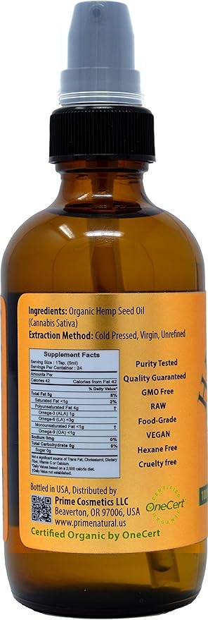 PRIME NATURAL Organic Hemp Seed Oil & Organic Castor Oil - Cold Pressed, Virgin, Unrefined - 4oz/120ml Each - 2 Oil Bundle