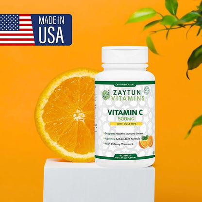 Halal Vitamin C 500mg Tablets with Rose HIPS Supports Immune System, Natural Antioxidant with Citrus Bioflavonoids - Vegan - Gluten-Free - 2 Months Supply - Halal Vitamins