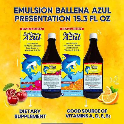 Ballena Azul Aceite de Hígado de Bacalao para Adultos y Niños, COD Liver Oil for Adults and Children,Vitamins A,D,E, B1, Dietary Supplement, Omega 3, Inmune System Boost, Cherry (Cherry 15 OZ)