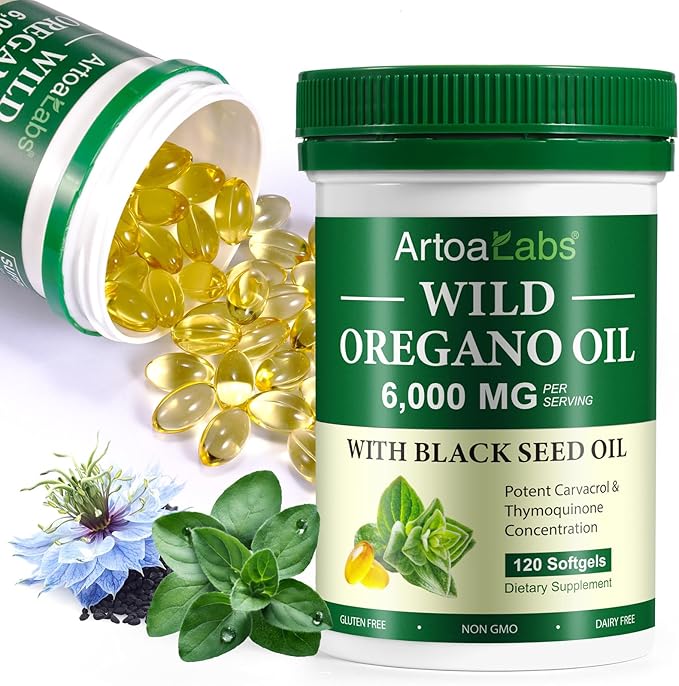 Oil of Oregano 120 Softgels, Wild Oregano Oi_l Garlic Extract Olive Leaf and Black Seed Oil - Plant Based, Immune Support & Digestive Health Supplement for Women and Men