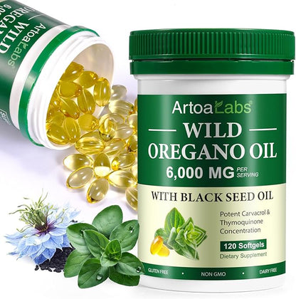 Oil of Oregano 120 Softgels, Wild Oregano Oi_l Garlic Extract Olive Leaf and Black Seed Oil - Plant Based, Immune Support & Digestive Health Supplement for Women and Men