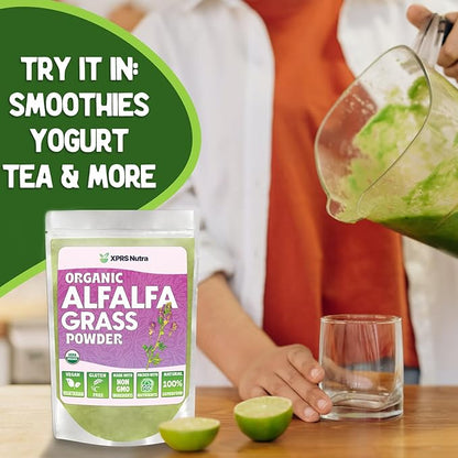 XPRS Nutra Organic Alfalfa Powder - Premium Vegan Alfalfa Supplement Rich in Calcium, Antioxidants, Vitamins - Farmer Alfalfa Supplement for Kids and Adults - Vegan Friendly Alfalfa Leaf (8 Ounce)