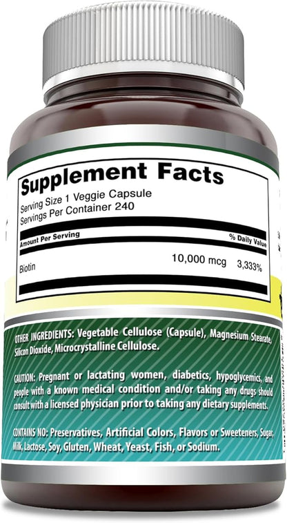 Amazing Formulas Biotin 10000 Mcg Veggie Capsules | Vitamin B7 Supplement | Non-GMO | Gluten Free | Made in USA (240 Count)