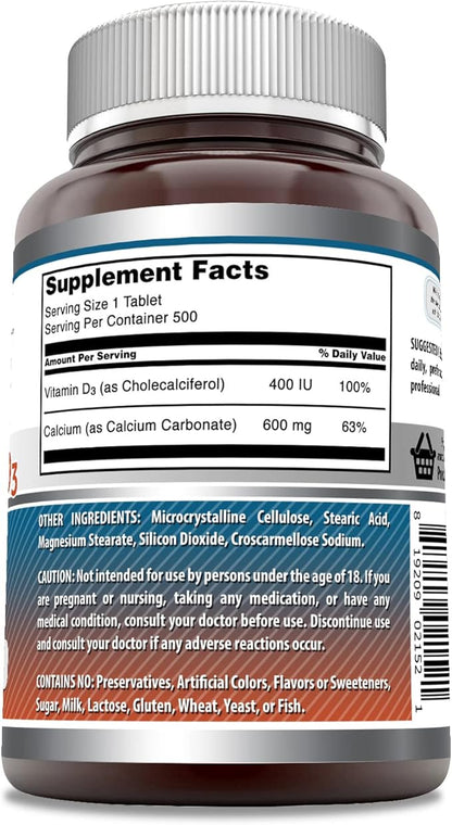 Amazing Formulas Calcium with Vitamin D3 500 Tablets Supplement | Non-GMO | Gluten Free | Made in USA