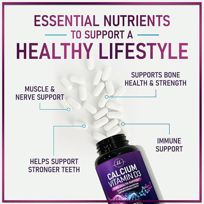 Calcium Supplements for Women 1200 mg Plus 1600 IU Vitamin D3, Bone Health, Teeth & Immune Support - Mineral Supplement with Vitamin D High Absorbable Premium Calcium Carbonate - 60 Tablets