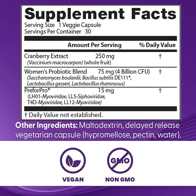 Doctor's BEST Womens Digestive Probiotic Prebiotic with Cranberry and PreforPro (4 Billion CFU), Supports Urinary Tract, Non-GMO, Vegan 30 Veggie Caps