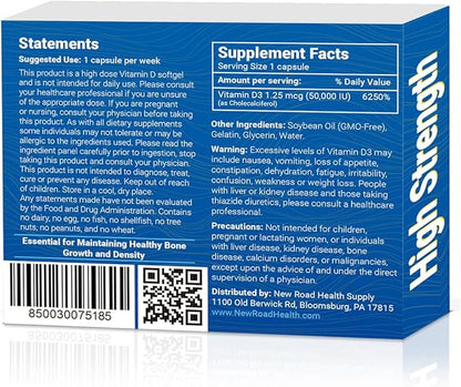 New Road Health Supply - Vitamin D 50000 IU, Once Weekly Dose, Easy to Swallow Vitamin D Softgel for Bones, Teeth, and Immune Support, Gluten Free, 12 Count, Pack of 3
