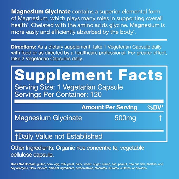Magnesium Glycinate, 500mg Premium Essential Mineral Compound, Chelated for Maxium Absorbtion, Supports Bone, Muscle, Nerve, and Heart Health (60 Servings)