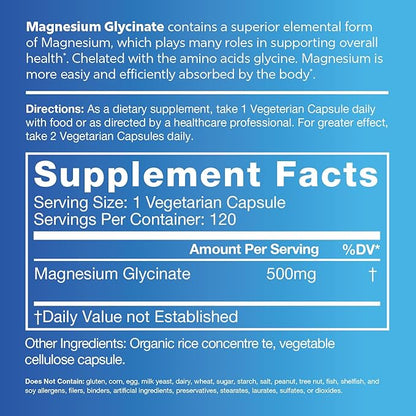 Magnesium Glycinate, 500mg Premium Essential Mineral Compound, Chelated for Maxium Absorbtion, Supports Bone, Muscle, Nerve, and Heart Health (60 Servings)