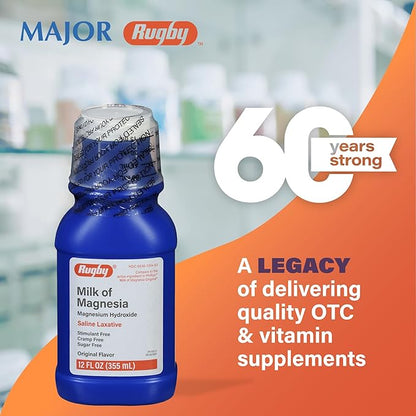Rugby Milk of Magnesia Magnesium Hydroxide Saline Laxative - Stimulant-Free, Cramp-Free, Sugar-Free - Original Flavor -12 Fl Oz