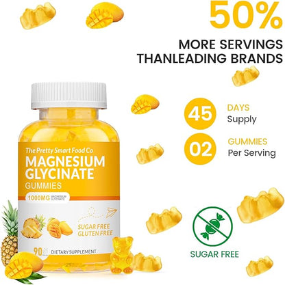 Magnesium Glycinate Gummies 1000mg - 90 Ct | Magnesium Potassium Supplements for Relaxation, Stress Relief, with Vitamin D, B6, CoQ10 for Calm Mood & Sleep Support - Mango Pineapple Gummies