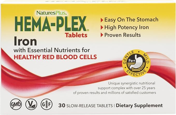 Natures Plus Hema-Plex Iron - 30 Slow-Release Tablets - 85 mg Chelated Iron - Total Blood Health - with Vitamin C & Bioflavonoids - Non GMO, Vegetarian & Gluten Free - 30 Servings