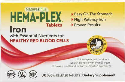 Natures Plus Hema-Plex Iron - 30 Slow-Release Tablets - 85 mg Chelated Iron - Total Blood Health - with Vitamin C & Bioflavonoids - Non GMO, Vegetarian & Gluten Free - 30 Servings