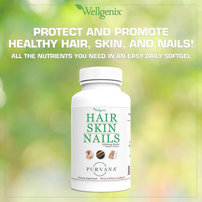Wellgenix Purvana Hair, Skin, and Nails Vitamin Softgels for High Absorption - Double Strength 2500mcg Biotin, VIT A & B (90 Count) 2 Pack