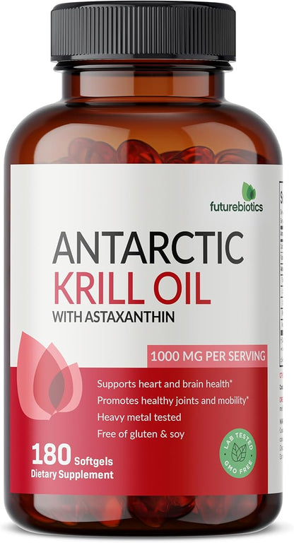 Futurebiotics Antarctic Krill Oil 1000mg with Omega-3s EPA, DHA, Astaxanthin and Phospholipids - 100% Pure Premium Krill Oil Heavy Metal Tested, Non GMO – 180 Softgels (90 Servings)