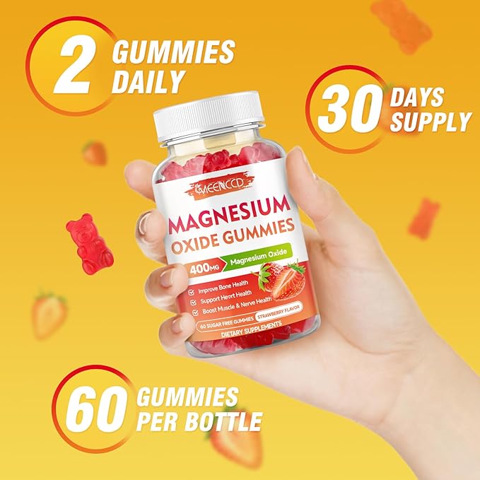 Magnesium Oxide Gummies 400mg, Chewable Magnesium Oxide Supplement for Adults & Kids, Nerve & Muscle Support, Non-GMO, Sugar-Free, Strawberry Flavor, 60 Count