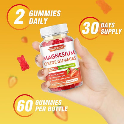Magnesium Oxide Gummies 400mg, Chewable Magnesium Oxide Supplement for Adults & Kids, Nerve & Muscle Support, Non-GMO, Sugar-Free, Strawberry Flavor, 60 Count
