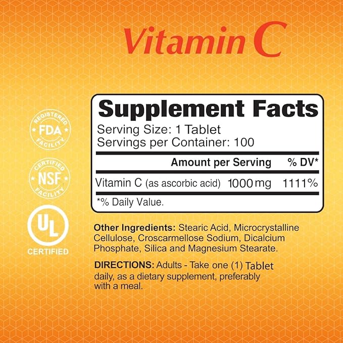 ALFA VITAMINS Vitamin C Supplement 1000mg, Powerful Antioxidant for Immune Support & Healthy Skin, Promotes Collagen Formation, Dietary Supplement for Daily Wellness and Skin Protection, 100 Tablets