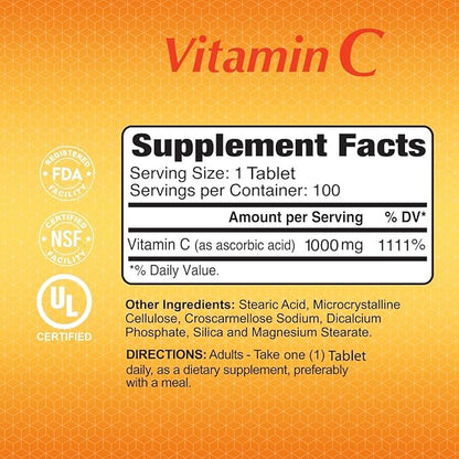 ALFA VITAMINS Vitamin C Supplement 1000mg, Powerful Antioxidant for Immune Support & Healthy Skin, Promotes Collagen Formation, Dietary Supplement for Daily Wellness and Skin Protection, 100 Tablets