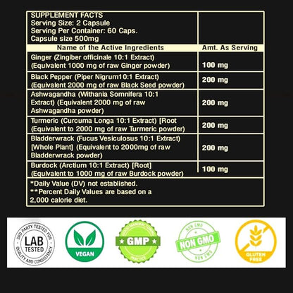 Premium Ashwagandha Extract Capsule with Ginger, Turmeric, Black Pepper, Bladderwrack, Burdock - 60 Capsule for 1 Month - Strength, & Immune Support