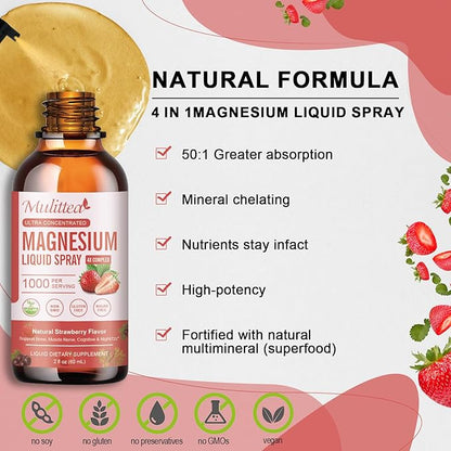 Magnesium Glycinate Liquid Spray with Citrate, Oxide & Malate, Magnesium with Whole Vitamin, L-Theanine, D3K2, B6 for Heart, Leg Cramps,Muscles&Energy- Sugar-Free Strawberry Flavor, 2 Fl Oz
